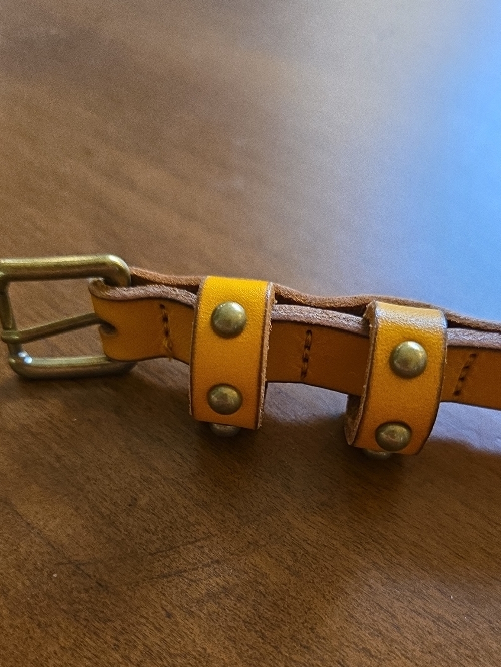 Women Narrow  Yellow Leather Belt with Brass Studs